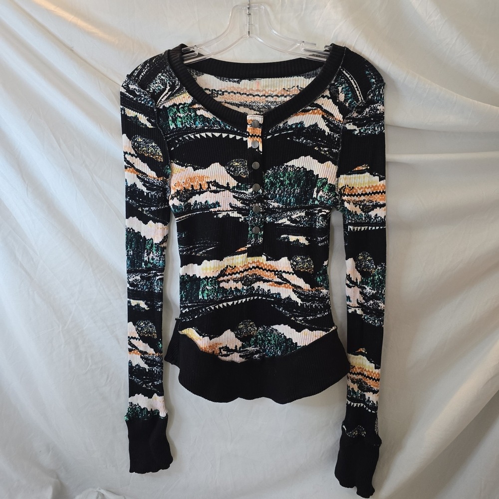 Free People Movement Rally Rib Henley Top Black Diamond Combo Long Sleeve Sz S